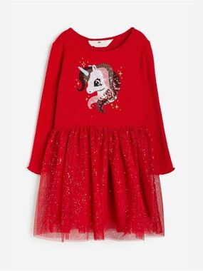 H&M Girls Unicorn Tulle Dress Red Sparkle Size 6X/7